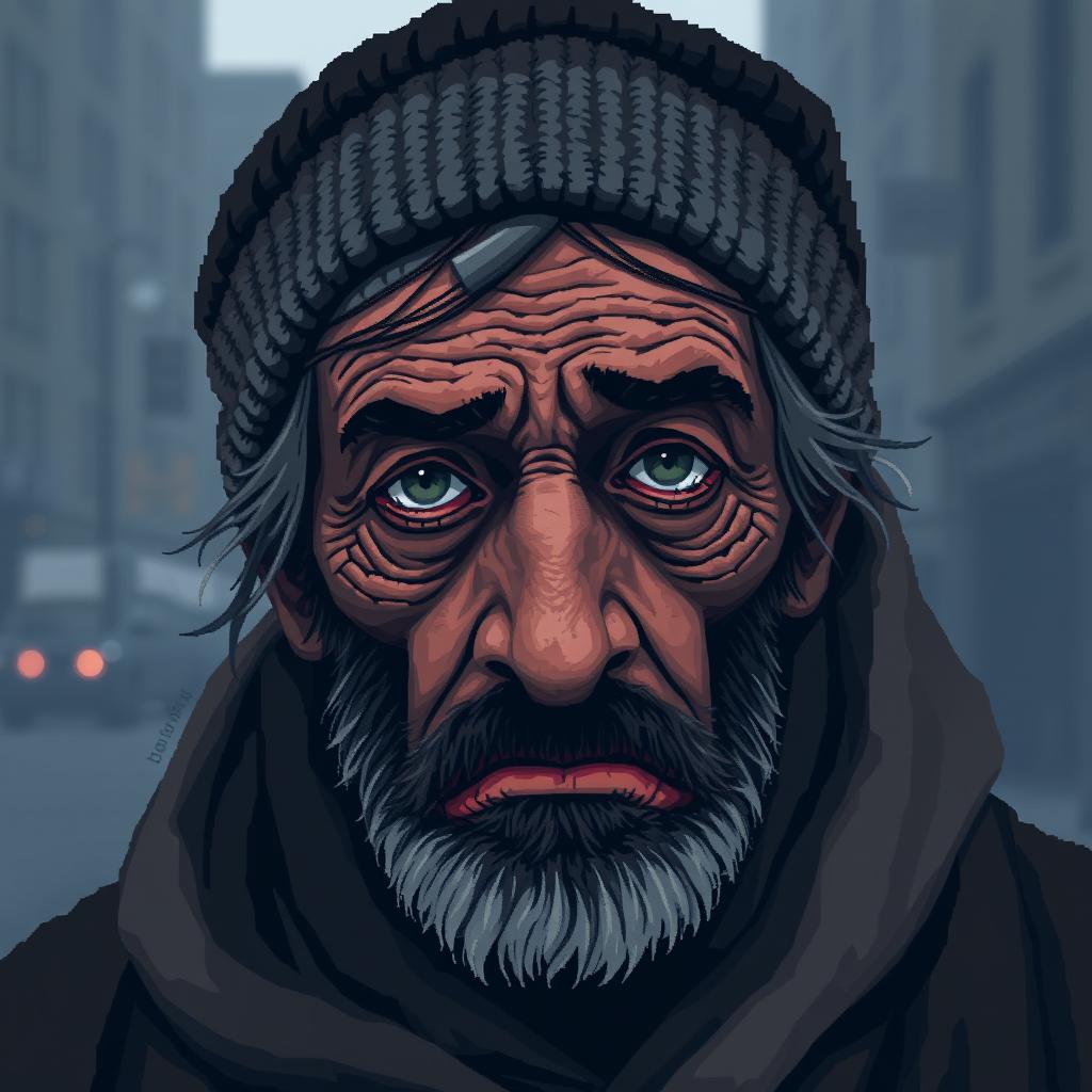 A pixel art portrait of a sad homeless man, showcasing detailed features such as a weathered face with deep wrinkles, unkempt hair, and a worn-out beanie