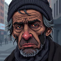 A pixel art portrait of a sad homeless man, showcasing detailed features such as a weathered face with deep wrinkles, unkempt hair, and a worn-out beanie