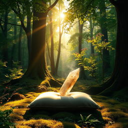 A tranquil sunlit mystic forest, bathed in warm golden light filtering through the lush green canopy