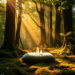 A tranquil sunlit mystic forest, bathed in warm golden light filtering through the lush green canopy
