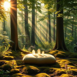A tranquil sunlit mystic forest, bathed in warm golden light filtering through the lush green canopy