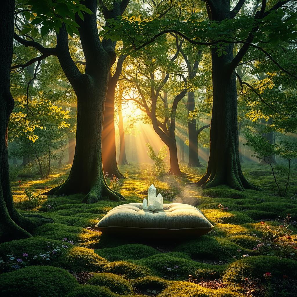 A tranquil sunlit mystic forest, bathed in warm golden light filtering through the lush green canopy