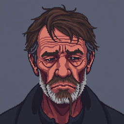 A pixel art portrait of a sad homeless man, emphasizing detailed features despite the small size of 64x64 pixels