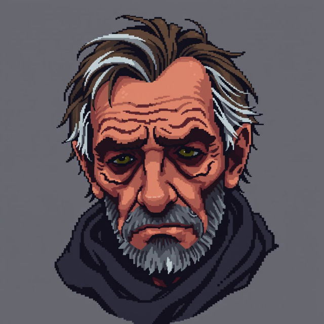 A pixel art portrait of a sad homeless man, emphasizing detailed features despite the small size of 64x64 pixels