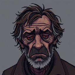 A pixel art portrait of a sad homeless man, emphasizing detailed features despite the small size of 64x64 pixels