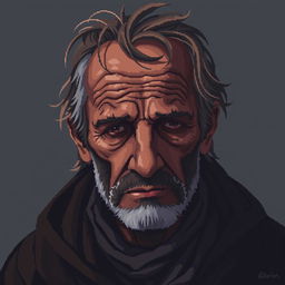 A pixel art portrait of a sad homeless man, emphasizing detailed features despite the small size of 64x64 pixels