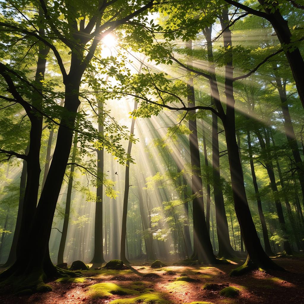 A serene forest scene showcasing sunbeams streaming through a thick canopy of trees