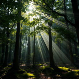 A serene forest scene showcasing sunbeams streaming through a thick canopy of trees