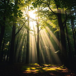 A serene forest scene showcasing sunbeams streaming through a thick canopy of trees