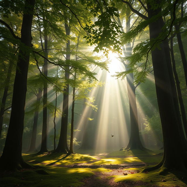 A serene forest scene showcasing sunbeams streaming through a thick canopy of trees