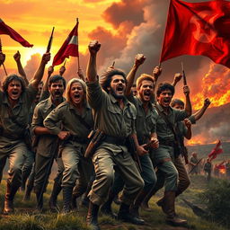 A powerful and dynamic scene depicting a group of rebels, dressed in vintage military attire, passionately shouting a rebel yell during a dramatic moment, set against a sunset backdrop with fiery colors