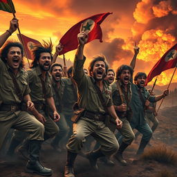 A powerful and dynamic scene depicting a group of rebels, dressed in vintage military attire, passionately shouting a rebel yell during a dramatic moment, set against a sunset backdrop with fiery colors