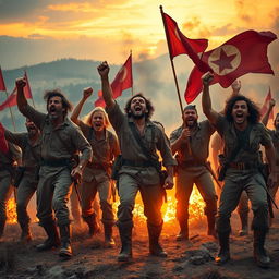 A powerful and dynamic scene depicting a group of rebels, dressed in vintage military attire, passionately shouting a rebel yell during a dramatic moment, set against a sunset backdrop with fiery colors