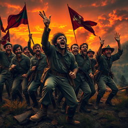 A powerful and dynamic scene depicting a group of rebels, dressed in vintage military attire, passionately shouting a rebel yell during a dramatic moment, set against a sunset backdrop with fiery colors