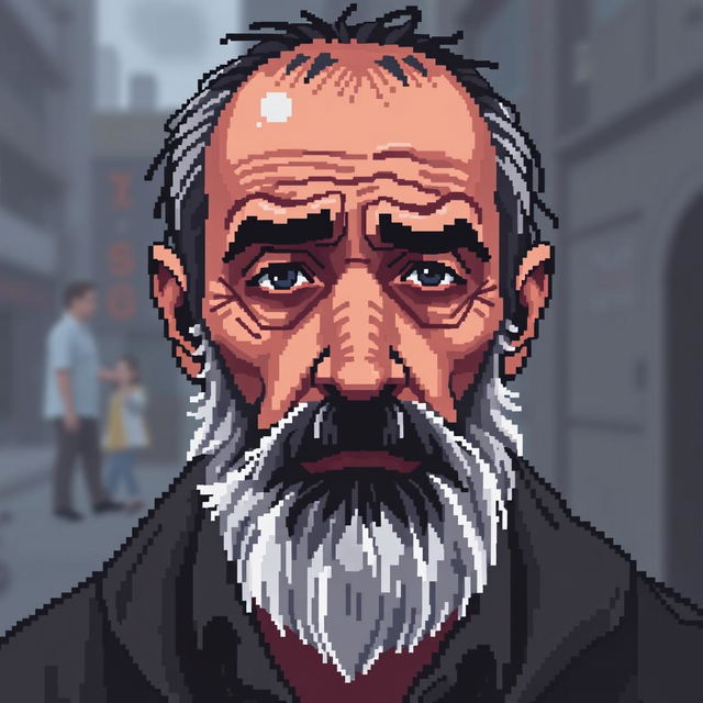 A pixel art portrait depicting a sad homeless man, rendered in a classic pixel art squares technique