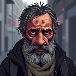 A pixel art portrait depicting a sad homeless man, rendered in a classic pixel art squares technique