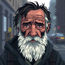 A pixel art portrait depicting a sad homeless man, rendered in a classic pixel art squares technique