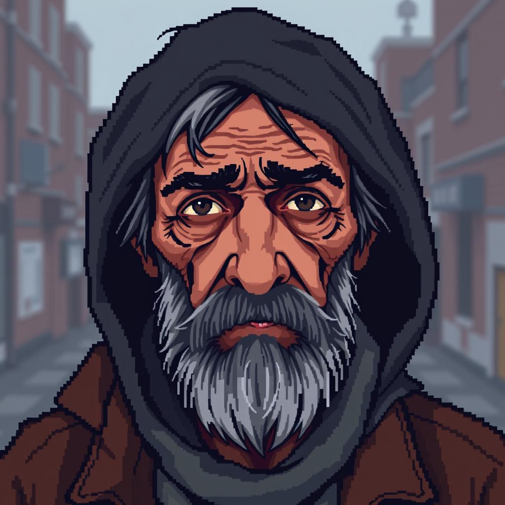 A pixel art portrait depicting a sad homeless man, rendered in a classic pixel art squares technique