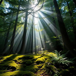 A serene forest scene featuring concentrated sunbeams streaming through the dense green canopy