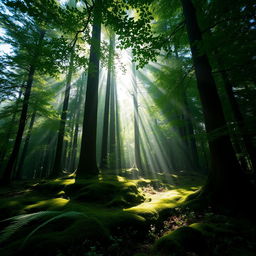 A serene forest scene featuring concentrated sunbeams streaming through the dense green canopy