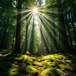 A serene forest scene featuring concentrated sunbeams streaming through the dense green canopy