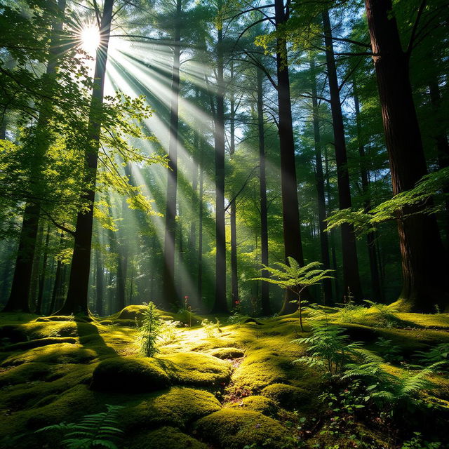 A serene forest scene featuring concentrated sunbeams streaming through the dense green canopy