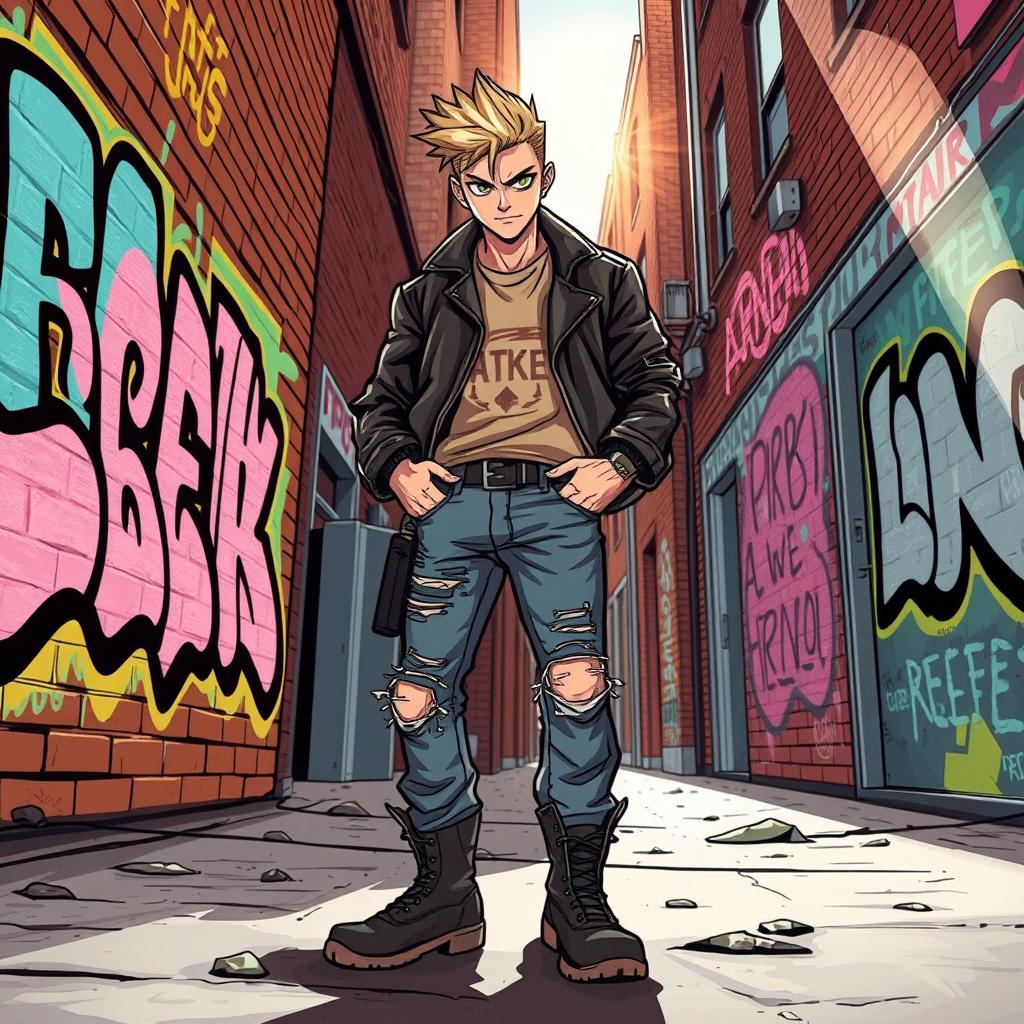 A bold and striking illustration of a modern rebel, standing confidently in an urban environment