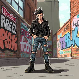 A bold and striking illustration of a modern rebel, standing confidently in an urban environment
