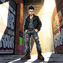 A bold and striking illustration of a modern rebel, standing confidently in an urban environment