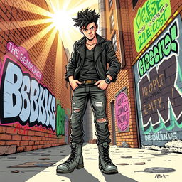 A bold and striking illustration of a modern rebel, standing confidently in an urban environment