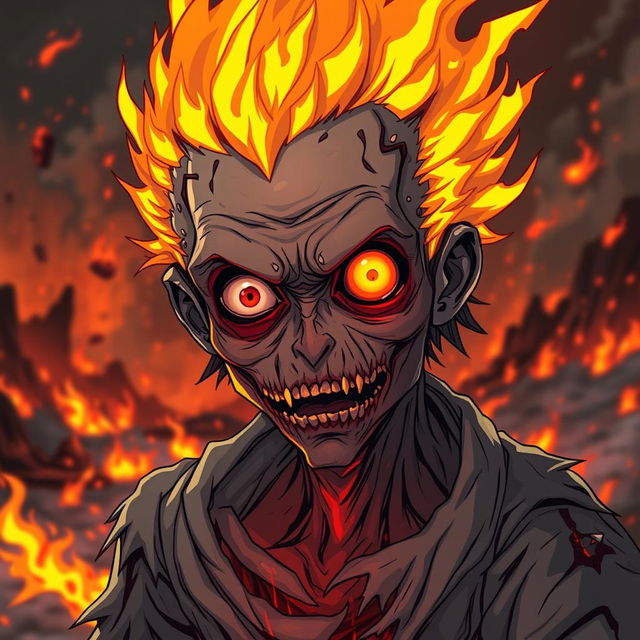 A highly detailed and accurate representation of a fire-themed cannibalistic zombie in anime style