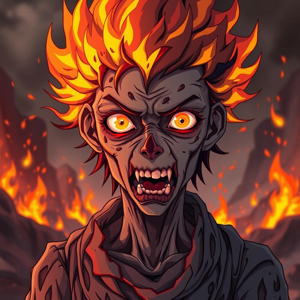 A highly detailed and accurate representation of a fire-themed cannibalistic zombie in anime style