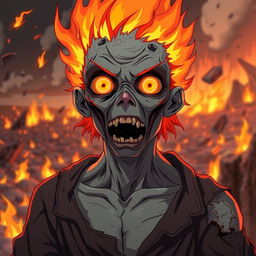 A highly detailed and accurate representation of a fire-themed cannibalistic zombie in anime style
