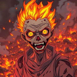 A highly detailed and accurate representation of a fire-themed cannibalistic zombie in anime style