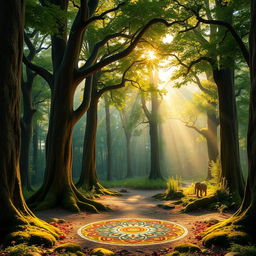 A stunning forest panorama infused with elements of Indian mythology