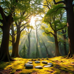 A breathtaking forest panorama showcasing majestic trees with rich textures and vibrant green leaves