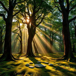 A breathtaking forest panorama showcasing majestic trees with rich textures and vibrant green leaves
