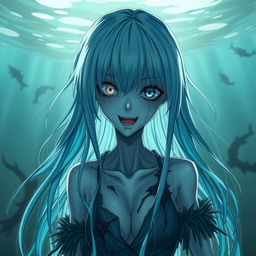 A highly detailed and accurate representation of a water-themed cannibalistic zombie in anime style