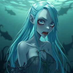 A highly detailed and accurate representation of a water-themed cannibalistic zombie in anime style