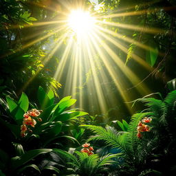 A captivating scene of a lush jungle where brilliant sunbeams pierce through the thick foliage, casting radiant shafts of light onto the vibrant green undergrowth