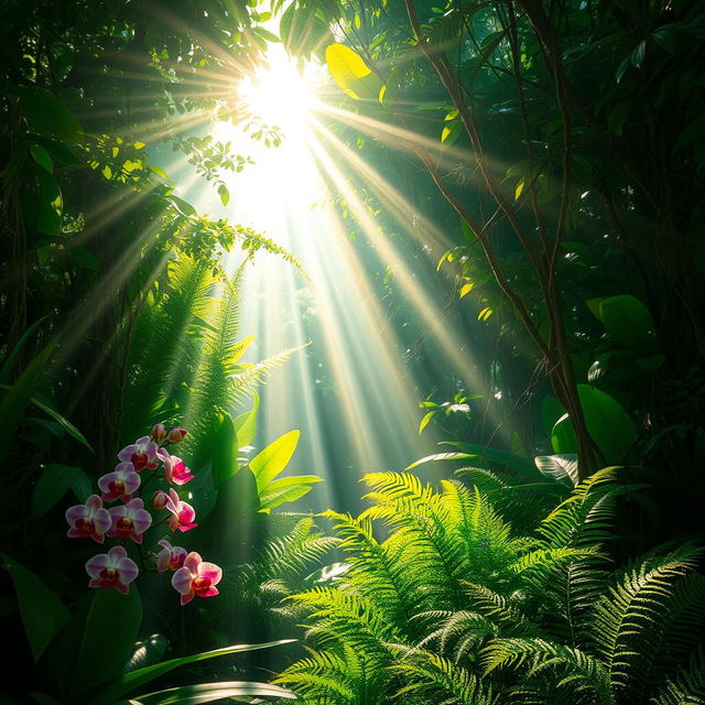 A captivating scene of a lush jungle where brilliant sunbeams pierce through the thick foliage, casting radiant shafts of light onto the vibrant green undergrowth