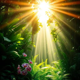 A captivating scene of a lush jungle where brilliant sunbeams pierce through the thick foliage, casting radiant shafts of light onto the vibrant green undergrowth