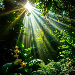 A captivating scene of a lush jungle where brilliant sunbeams pierce through the thick foliage, casting radiant shafts of light onto the vibrant green undergrowth