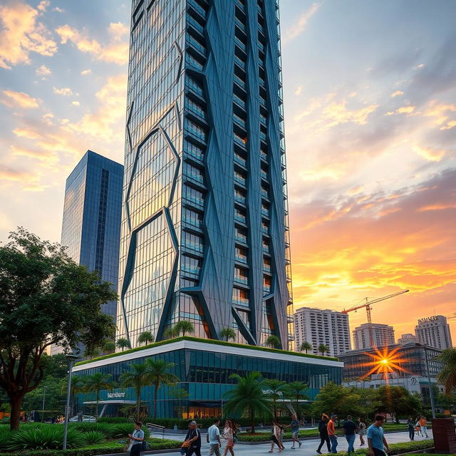 A tall, modern skyscraper with an aesthetic design, featuring a sleek glass façade that reflects sunlight, surrounded by lush green landscaping