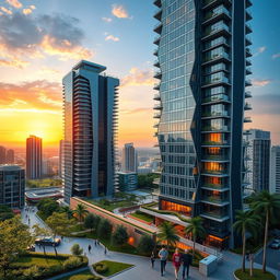 A tall, modern skyscraper with an aesthetic design, featuring a sleek glass façade that reflects sunlight, surrounded by lush green landscaping