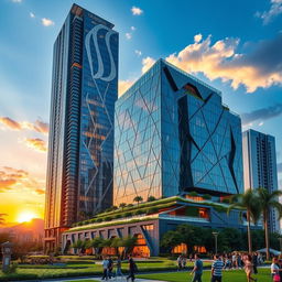 A tall, modern skyscraper with an aesthetic design, featuring a sleek glass façade that reflects sunlight, surrounded by lush green landscaping