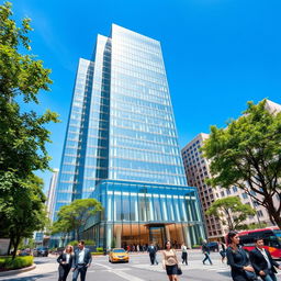 A modern skyscraper representing a corporate headquarters, showcasing a sleek glass facade and a spacious lobby with contemporary design elements