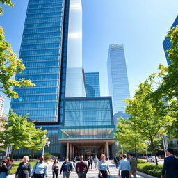 A modern skyscraper representing a corporate headquarters, showcasing a sleek glass facade and a spacious lobby with contemporary design elements