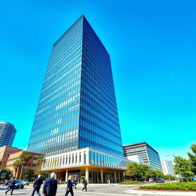 A modern skyscraper representing a corporate headquarters, showcasing a sleek glass facade and a spacious lobby with contemporary design elements