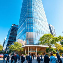 A modern skyscraper representing a corporate headquarters, showcasing a sleek glass facade and a spacious lobby with contemporary design elements
